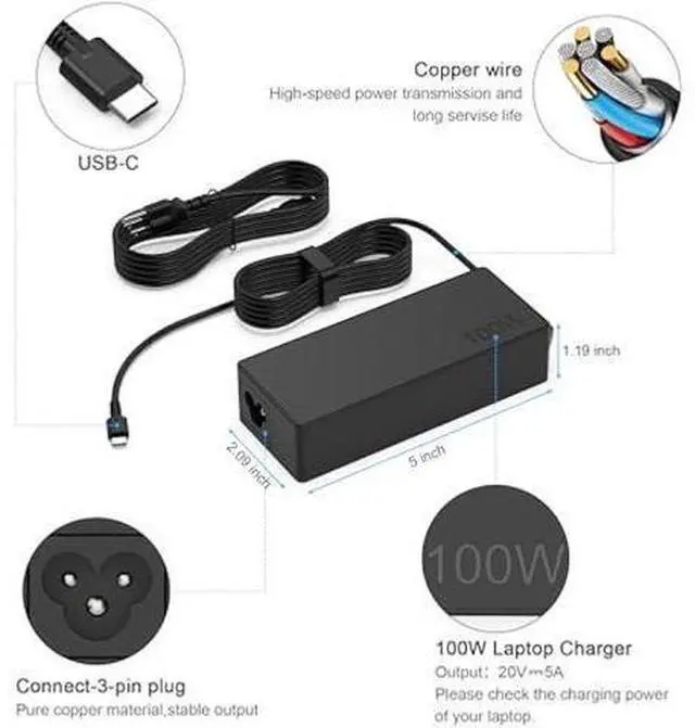 Alt view image 3 of 7 - USB C Laptop Charger 100W USB C Charger Universal Fast Charger Compatible with Lenovo MacBook Pro, MacBook Air,HP,Asus,Acer,MSI,Dell Type C AC Adapters Compatible with 90W 65W 45W PD 3.0 Power Cord