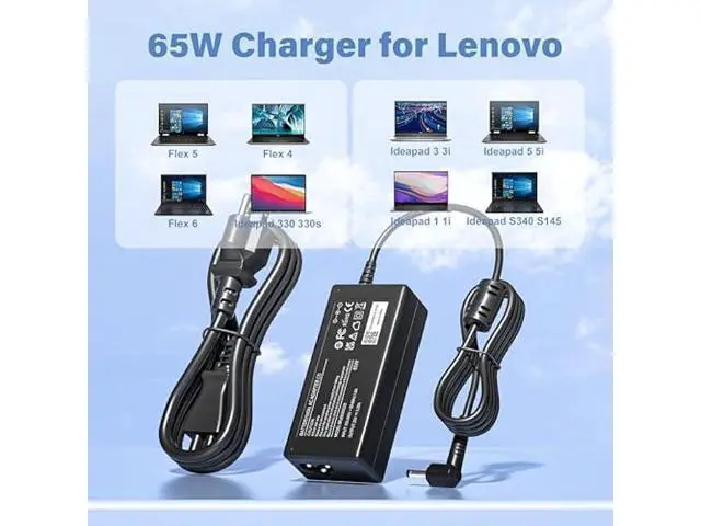 Alt view image 2 of 6 - 65W Charger for Lenovo Flex 5 4 6 / Ideapad 3 1 5/310 320 330 330s 100 100S 110 120S 130 130S S340 S145 Series Lapto with Power Cord