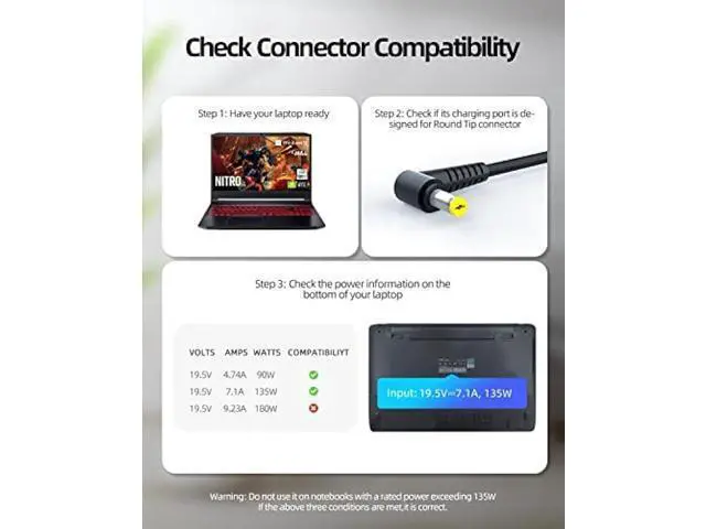 Alt view image 5 of 6 - 10FT 135W Charger Fit for Acer Nitro 5 Charger - (Replacement for Acer Nitro 5 AN515-57 AN515-55 AN515-54 AN515-51 AN515-53 N20C1 N18C3 N18C4 Gaming Laptop Power Cord Supply)