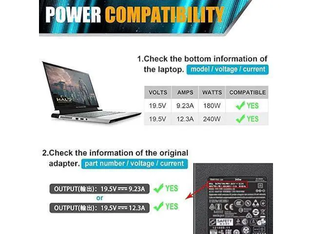 Alt view image 2 of 6 - Compatible with Dell 240W 180W AC Adapter Charger for Dell Alienware 13 15 17 R1 R2 R3 R4 Series,Alienware X51 M17 M15 M17X M18X,Precision 7710 7730 7520 M6700 M6800 PA-9E Laptop Charger