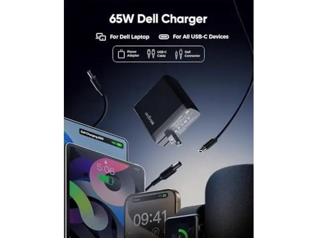 Alt view image 2 of 5 - 65W Dell Charger for Laptop, Dell Computer Charger USB-C for XPS, Inspiron, Latitude and Vostro Models, Power Cord 4.5 * 3.0 mm and 7.5 * 3.0 mm Compatible with Both 65W 45W (Foldable AC Plug)