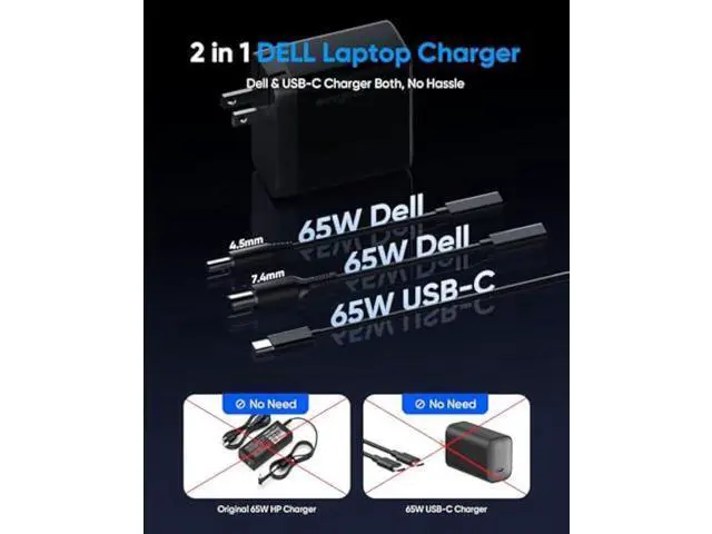 Alt view image 4 of 5 - 65W Dell Charger for Laptop, Dell Computer Charger USB-C for XPS, Inspiron, Latitude and Vostro Models, Power Cord 4.5 * 3.0 mm and 7.5 * 3.0 mm Compatible with Both 65W 45W (Foldable AC Plug)