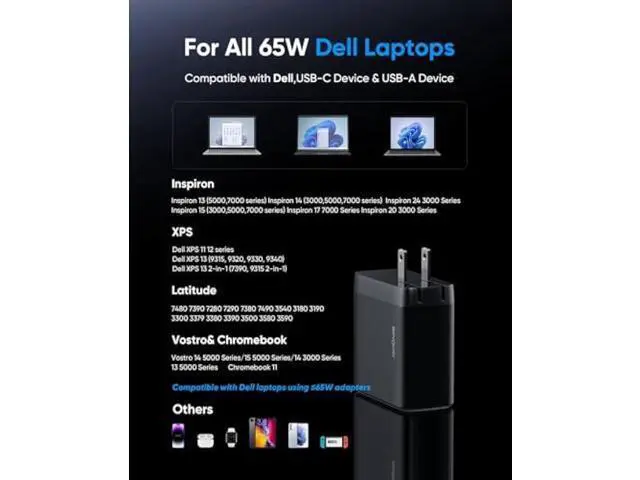 Alt view image 5 of 5 - 65W Dell Charger for Laptop, Dell Computer Charger USB-C for XPS, Inspiron, Latitude and Vostro Models, Power Cord 4.5 * 3.0 mm and 7.5 * 3.0 mm Compatible with Both 65W 45W (Foldable AC Plug)