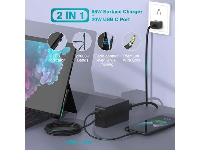 Alt view image 3 of 7 - 65W Laptop Charger Compatible with Microsoft Surface Pro 11, 10, 9, 8, 7+, 7, 6, 5, X, Windows Surface Laptop 7/6/5/4/3/2/1/Studio, Surface Book 3/2/1, Surface Go 3/2/1, 10FT