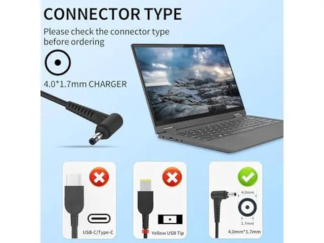 Alt view image 4 of 5 - 65W 45W Round 4.0 * 1.7mm Laptop Charger Compatible with Lenovo V15 V14 V17 Ideapad 1 3 5 Flex 4-1470 5 6 1470 1480 1570 Ideapad 100 110s 310 320 330 510 520 S145 S340 ADLX65CDGU2A Adapter Power Cord