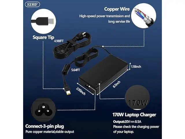 Alt view image 3 of 5 - New 170W Laptop Charger Compatible with Lenovo Legion Slim 5 5P S7 5i, Yoga Pro7, IdeaPad Pro 5, Thinkpad X1 Extreme P50 P51 P52 P53 P70 P71 P73 P16 P15 T15g AIO 7 LOQ-15/16 Laptop ADL170SCC3A