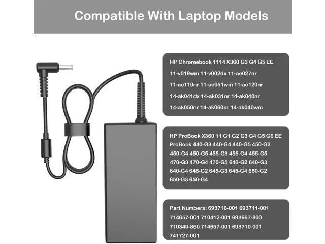 Alt view image 2 of 7 - Ac Charger 65w Fit for HP ProBook 640 650 450 430 440 446 455 470 745 735 725 755 EliteBook 840 850 845 Laptop Cord