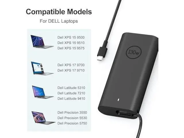 Alt view image 4 of 7 - 130W USB C Laptop Charger Compatible with Dell XPS 15/17,9575Precision 5750 5570 5550 5530 3551 3550 3560 Latitude 5420 5510 7410 7310 7210 9410 9510 AC Cable