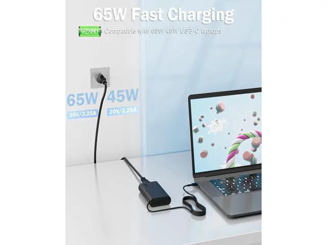 Alt view image 2 of 7 - 2025 New Slim 65W USB C Laptop Charger Compatible with Thinkpad/Yoga/Chromebook Computer Type C Fast Charging Power Cord Ac Adapter
