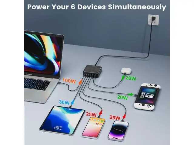 Alt view image 4 of 7 - MacBook Pro/Air USB C Charging Station - 6-Port Fast Charger 100W USB C Laptop Charger for iPad Series iPhone 14/13Pro Max/12 Galaxy Note