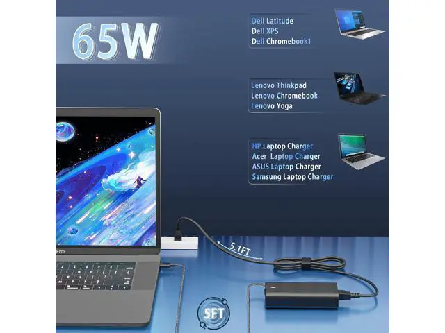 Alt view image 5 of 6 - New Slim 65W USB-C Laptop Charger Replacement for for XPS and Latitude 5000 - Power Cord Included