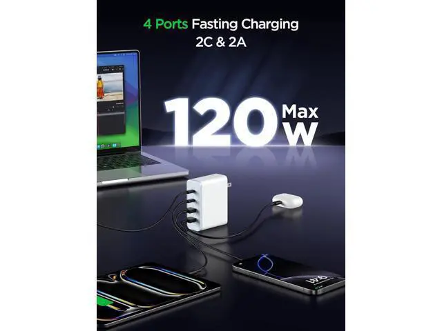 Alt view image 4 of 7 - MacBook Pro Charger-Exclusive PD3.0 PPS 100W USB C Charger Block 120W GaN Fast Charger for MacBook Pro/Air iPhone Galaxy iPad Pro-White