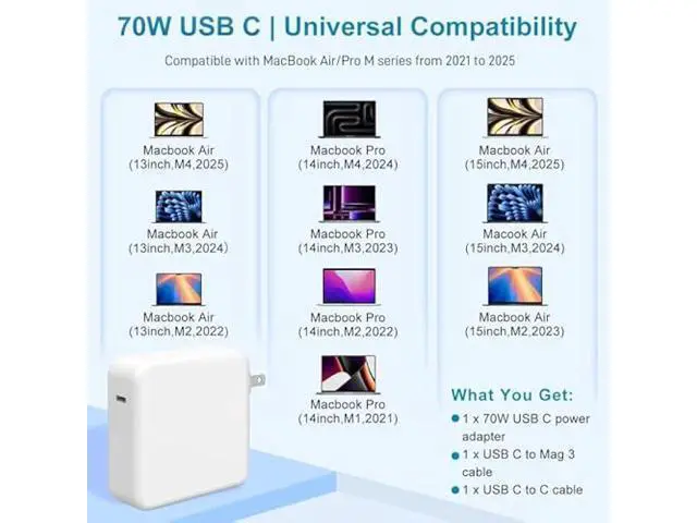Alt view image 2 of 6 - Charger for MacBook Air 15 13 Inch Mac Book Pro14 Inch M4 M3 M2 M1 from 2025 2024 2023 2022 2021 70W USB-C to Mag 3 Power Adapter Include 6.6FT 5A USB-C to Mag 3 Cable (Original Quality)