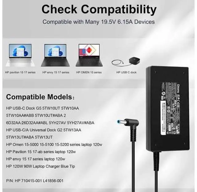 Alt view image 5 of 7 - 120W 6.15A Charger 710415-001 L41856-001 for HP USB-C Dock G5 5TW10UT 5TW10AA 5TW10AA#ABB 5TW10UT#ABA USB-C/A Universal Dock G2 5TW13AA HP Omen 15-5000 15-5100 15-5200 Laptop Charger
