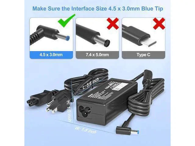 Alt view image 6 of 7 - 65W 19.5V 3.33A AC Adapter Charger Compatible with HP Pavilion x360 11 13 15 17 Envy X360 13 15 Zbook 14u G4 G5 15 G3 15-f111dx 15-f211wm 15-f233wm 15-f278nr 15-r052nr Laptop Power Cord Blue Tip