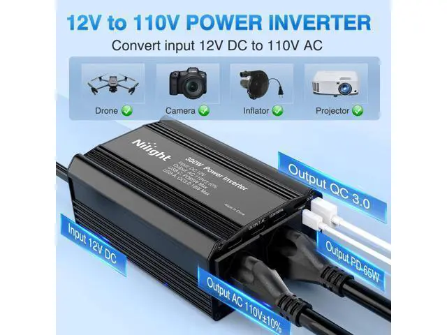 Alt view image 2 of 7 - 300W Power Inverter 12V DC to 110V AC Car Charger Converter with PD 65W USB C & QC3.0 Fast Charge for Phones Tablets Laptop Computer Game Console Kindle iPad DVD Players Black