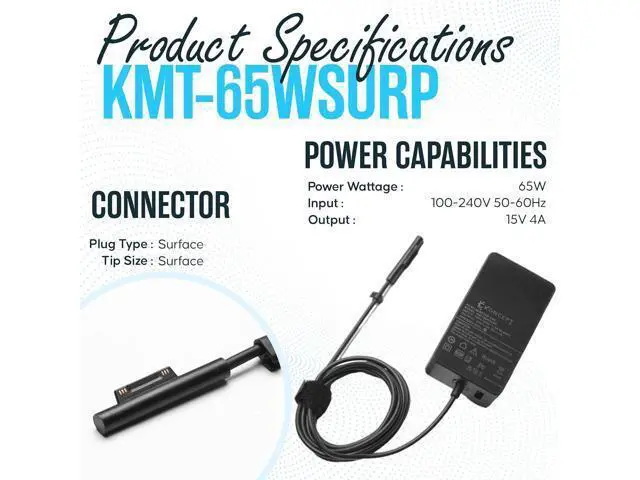 Alt view image 3 of 7 - 65W 15V 4A Surface Pro Laptop Charger - Power Supply AC Adapter 100-240V 50-60Hz for Surface Pro 10/9/8/7/7+/6/5/4/3/X Windows Surface Laptop 6/5/4/3/2/1/Surface Go Tablet Surface Book 3/2/1