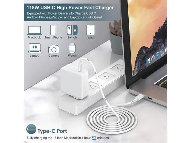Alt view image 2 of 7 - Mac Book Pro Charger - 118W USB C Charger Fast Charger Compatible with MacBook Pro/Air M1 M2 M3 M4 iPad Pro Galaxy and More USB-C Devices(6.6 ft Cable Included)