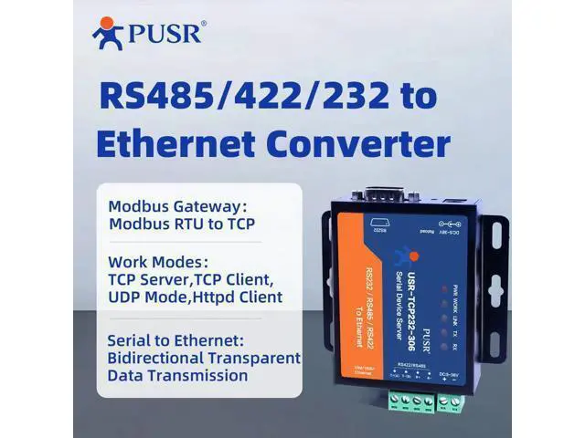 Alt view image 2 of 5 - PUSR RS485 RS232 RS422 to Ethernet Modbus RTU to TCP Modbus Gateway Serial to Ethernet Bidirectional Transparent Data Transmission Watchdog Protection USR-TCP232-306