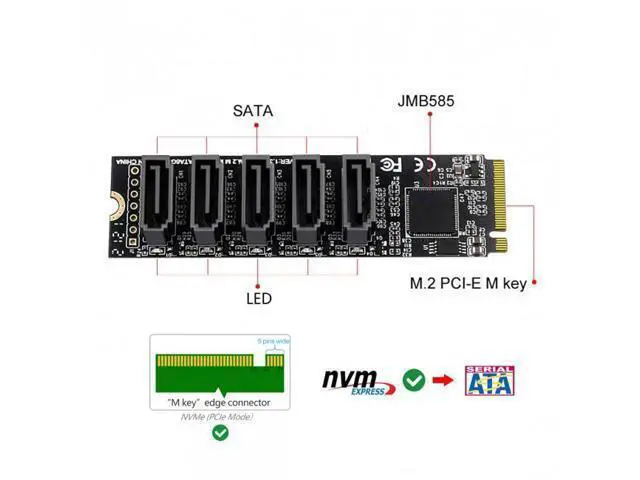Alt view image 3 of 7 - Shenzhong NGFF NVME M-Key PCI Express to SATA 3.0 6Gbps 5 Ports Adapter Converter Hard Drive Extension Card JMB585 2280