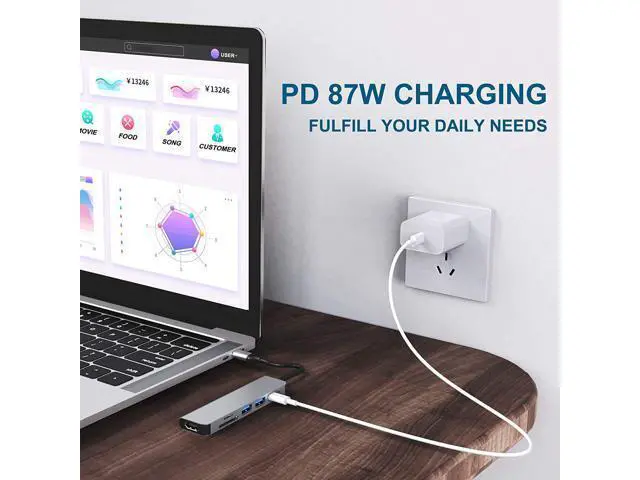 Alt view image 4 of 7 - 6 Ports USB C Hub Adapter, USB C Docking Station with HDMI 4k, USB 3.0, 87W Power Delivery, SD/TF Card Slots, for MacBook Series