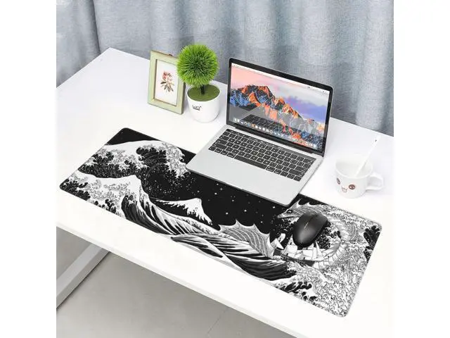 Alt view image 2 of 7 - Black and White Japanese Waves Sea Dragon Gaming Mouse Pad XL, Extended Large Mouse Mat Desk Pad, Stitched Edges Mousepad, Long Non-Slip Rubber Base Mice Pad, 31.5 X 11.8 Inch