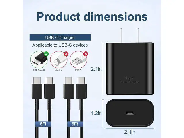 Alt view image 3 of 7 - 45W USB C Charger,2-Pack Samsung Super Fast Charging Wall Charger for Samsung Galaxy S22 Ultra/S22/S22 Plus/S23 Ultra/S23/S23 Plus/S21/Note 10/10 Plus,Galaxy Tab S8/S8+/S8 Ultra with 5ft Type C Cord