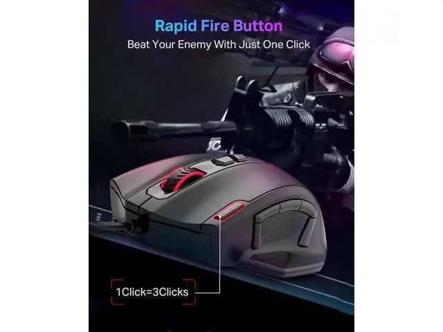 Alt view image 2 of 5 - Wired Large Gaming Mouse, Big Gamer Mouse with Rapid Fire Button, 5 Side Buttons, 12400 DPI, 5 Backlit Modes, 11 Programmable Macro Shortcuts, Adjustable Weights, Comfort Grip for Windows