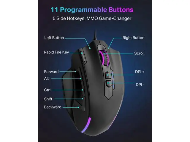 Alt view image 3 of 5 - Wired Large Gaming Mouse, Big Gamer Mouse with Rapid Fire Button, 5 Side Buttons, 12400 DPI, 5 Backlit Modes, 11 Programmable Macro Shortcuts, Adjustable Weights, Comfort Grip for Windows