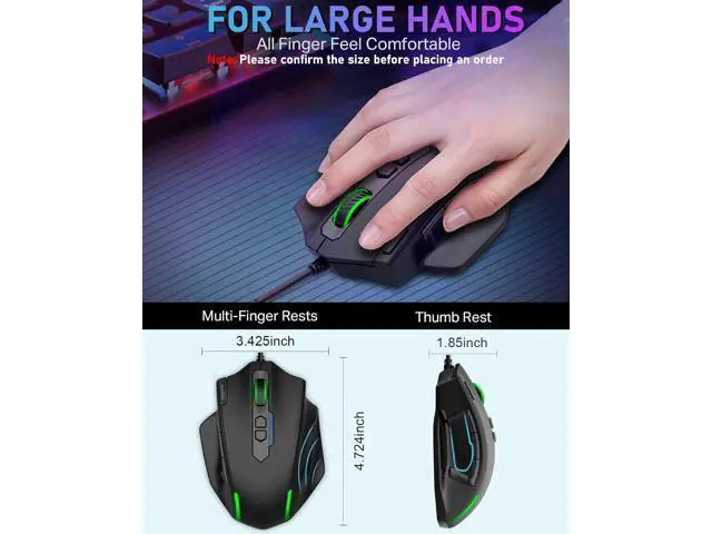 Alt view image 4 of 5 - Wired Large Gaming Mouse, Big Gamer Mouse with Rapid Fire Button, 5 Side Buttons, 12400 DPI, 5 Backlit Modes, 11 Programmable Macro Shortcuts, Adjustable Weights, Comfort Grip for Windows