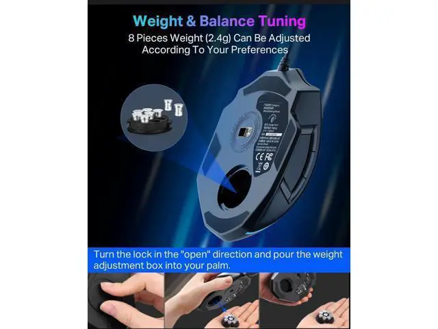 Alt view image 5 of 5 - Wired Large Gaming Mouse, Big Gamer Mouse with Rapid Fire Button, 5 Side Buttons, 12400 DPI, 5 Backlit Modes, 11 Programmable Macro Shortcuts, Adjustable Weights, Comfort Grip for Windows