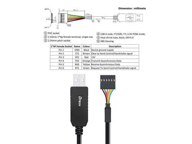Alt view image 3 of 5 - DTECH 6ft USB to TTL Serial Cable 3.3V 6 Pin UART Adapter Genuine FTDI FT232RL Chip Debug Cord Compatible with Windows 11 10 8 7 Linux MAC OS 6Pin 3v3 Level Signal 2.54mm Dupont Female Header