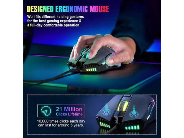 Alt view image 4 of 7 - New Version USB Gaming Mouse Wired, LED RGB Backlit 6400 DPI Adjustable Gaming Mouse, Grip Ergonomic Optical PC Computer Gaming Mice, 7 Buttons Gaming Mice for Windows 7/8/10/XP Vista Linux(Black)