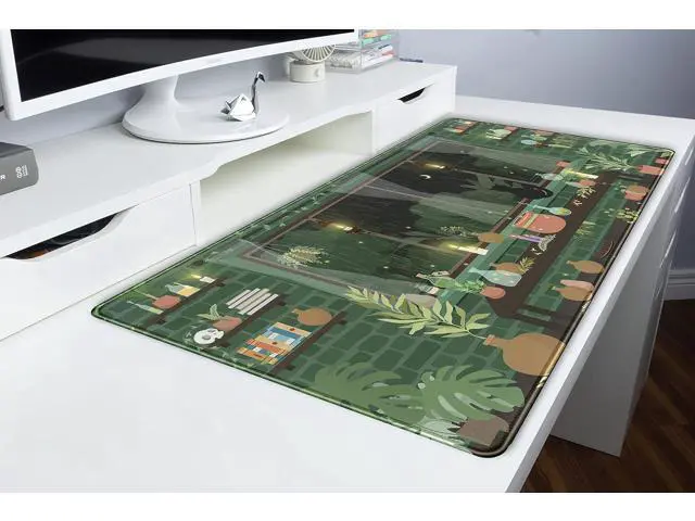 Alt view image 6 of 6 - Cute Rainy Night Desk Mat Green Plants Desk Pad Anime Black Cat Kawaii Large Gaming Mouse Pad Moonlight Fireflies Deskmat Aesthetic Mousepad XXL Laptop Keyboard Pad for Women Desk 31.5x15.75