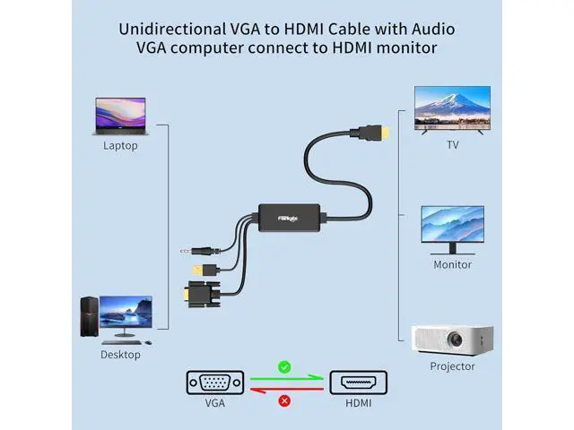 Alt view image 2 of 7 - VGA to HDMI Cable with Audio 1080P HD VGA to HDMI Adapter Cable 6 Feet for Computer/Laptop to HDMI Monitor/TV