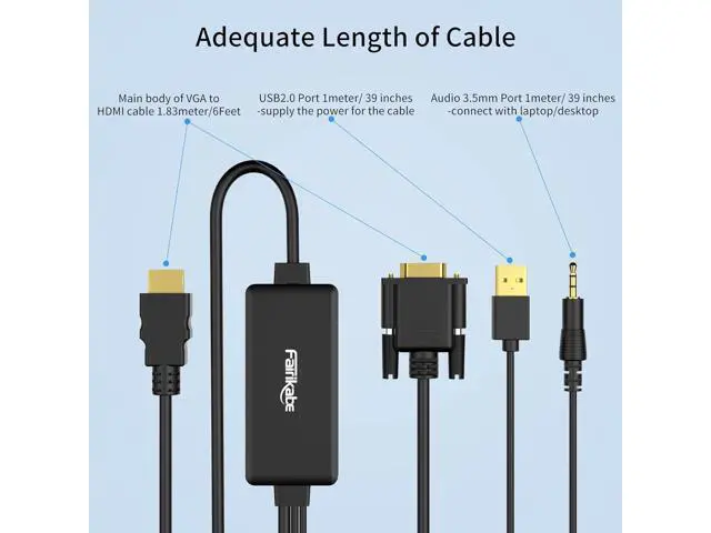 Alt view image 7 of 7 - VGA to HDMI Cable with Audio 1080P HD VGA to HDMI Adapter Cable 6 Feet for Computer/Laptop to HDMI Monitor/TV
