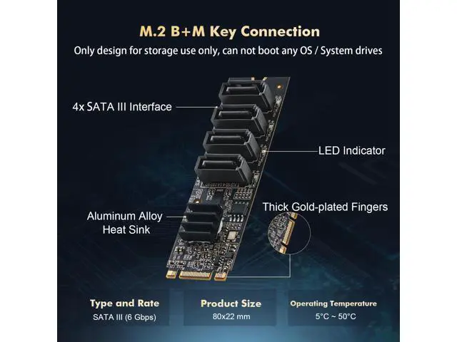 Alt view image 4 of 5 - M.2 to SATA Card 4 Port, 6Gbps SATA 3.0 Binardat Controller, Includes 4 Cables, for Windows 10/11