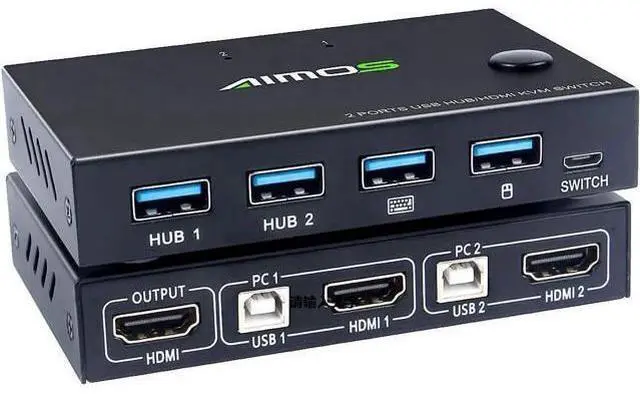 Main image of KVM Switch HDMI 2 Port Box, AIMOS USB and HDMI Switches 4 USB Hub, UHD 4K @30Hz, for 2 Computers Share Keyboard Mouse and one HD Monitor