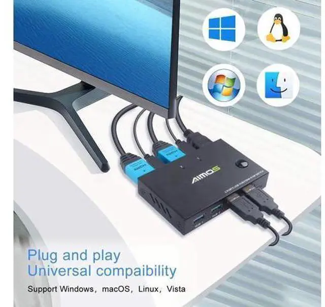 Alt view image 7 of 7 - KVM Switch HDMI 2 Port Box, AIMOS USB and HDMI Switches 4 USB Hub, UHD 4K @30Hz, for 2 Computers Share Keyboard Mouse and one HD Monitor