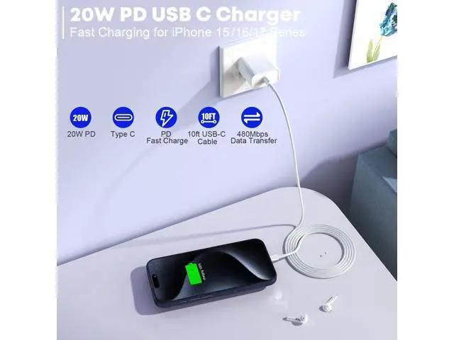 Alt view image 2 of 7 - Fast Charger for iPhone 17/16/15 Charger,10FT Extra Long Fast Charging 3Pack Block USB-C to USB C Fast Charging Cable Cord for iPhone Air/17 Pro Max/iPhone 16 Pro/16 Plus/15 Pro Max,iPad Pro/Air/Mini