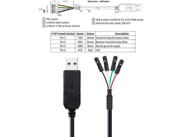 Alt view image 6 of 7 - DTECH USB to TTL Serial Adapter 3.3V Debug Cable TX RX Signal 4 Pin Female Socket PL2303 Prolific Chip for Windows 10 8 7 XP Vista (3-Meter, Black)