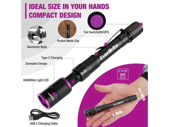 Alt view image 3 of 7 - EverBrite Rechargeable Pen Flashlight with UV Light and White Light, 395nm Black Flashlight with Clip, Zoomable 4 Modes with Memory Function, USB C Cable, for Camping, Emergency, Pet Urine Detection