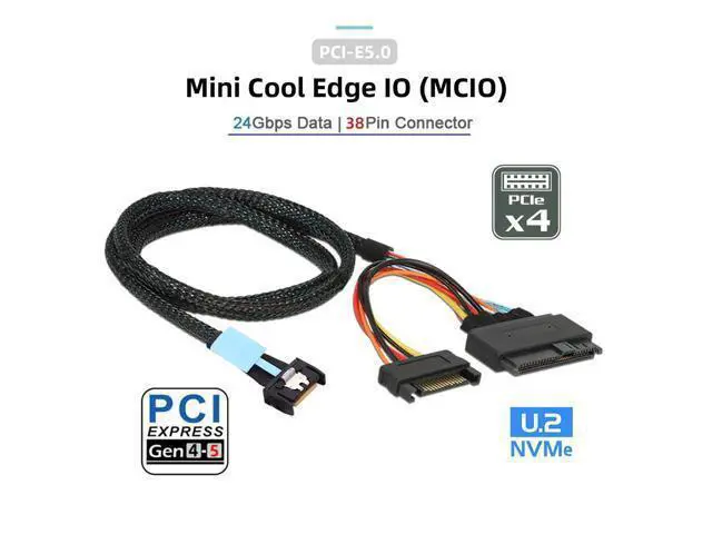 Alt view image 2 of 5 - PCIe 5.0 MCIO 4X Mini Cool Edge IO to U.2 SFF-8639 NVME PCI-Express with 15P Sata Power Cable for SSD Mainboard 50cm