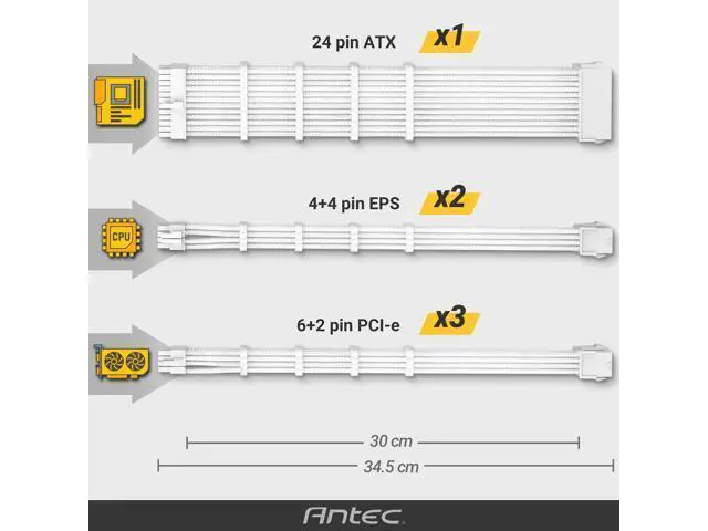 Alt view image 7 of 7 - Antec Power Supply Sleeved Cable, PSU Extension Cable Kit / 1x24pin ATX / 2x8pin (4+4) EPS / 3x8pin (6+2) PCI-E, 30cm Length with Combs, Dual EPS White (White Connector)