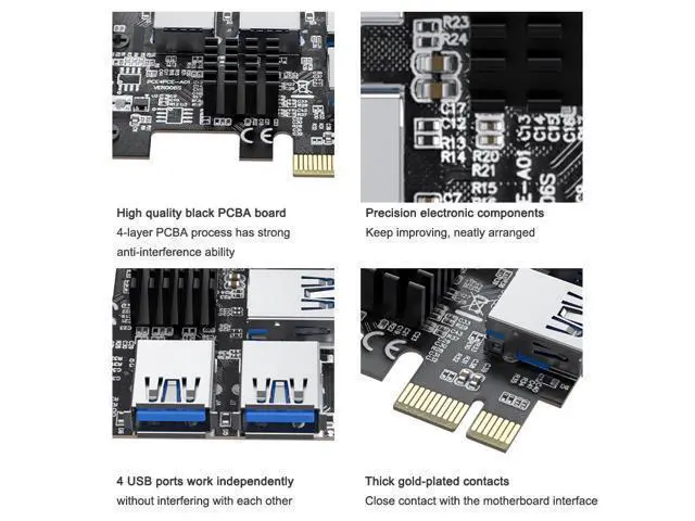 Alt view image 2 of 7 - PCI-e to 4 Ports USB 3.0 Adapter PCIe 1 to 4 PCI Express Riser Card PCI-E 1X 4X 6X 8X 16X Slots to External 4 PCI-e slot Adapter PCIe Port Multiplier Card for Bitcoin Miner