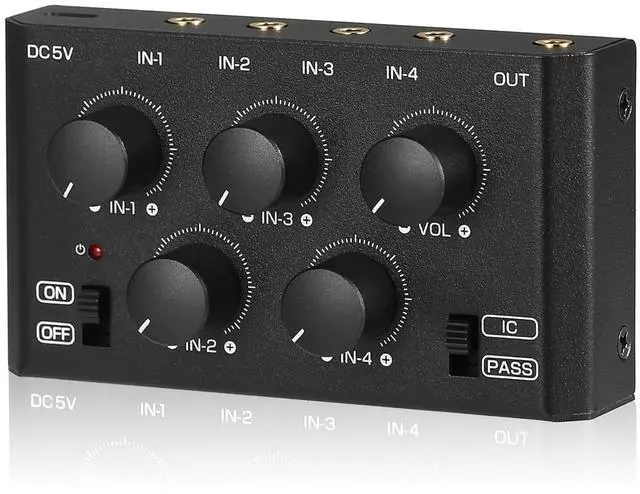 Main image of MC5-BX Mini Audio Mixer: 4-Channel Ultra Low-Noise Stereo Line Mixer for Home Studio Bar, Active & Passive Modes, Portable Metal Design for Musicians DJs