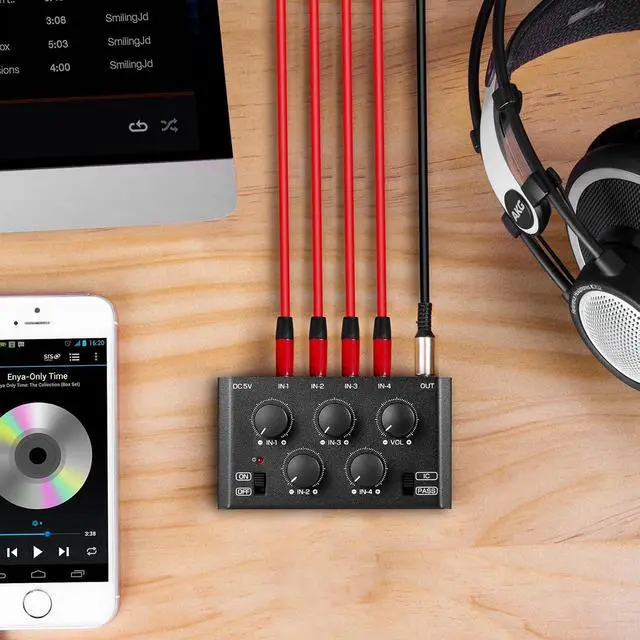 Alt view image 6 of 7 - MC5-BX Mini Audio Mixer: 4-Channel Ultra Low-Noise Stereo Line Mixer for Home Studio Bar, Active & Passive Modes, Portable Metal Design for Musicians DJs