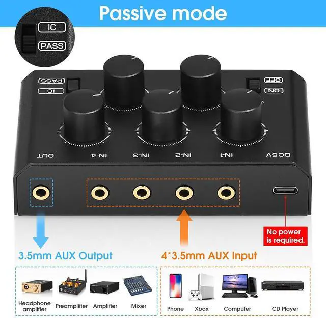 Alt view image 2 of 7 - MC5-BX Mini Audio Mixer: 4-Channel Ultra Low-Noise Stereo Line Mixer for Home Studio Bar, Active & Passive Modes, Portable Metal Design for Musicians DJs