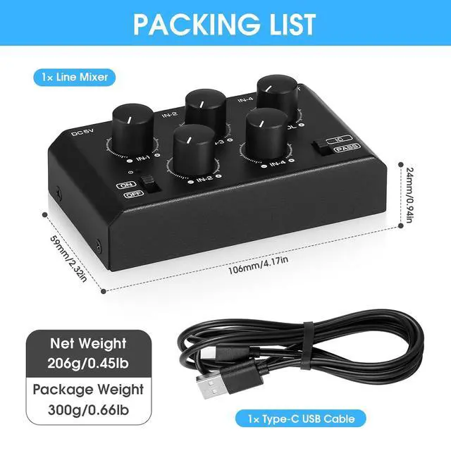 Alt view image 7 of 7 - MC5-BX Mini Audio Mixer: 4-Channel Ultra Low-Noise Stereo Line Mixer for Home Studio Bar, Active & Passive Modes, Portable Metal Design for Musicians DJs