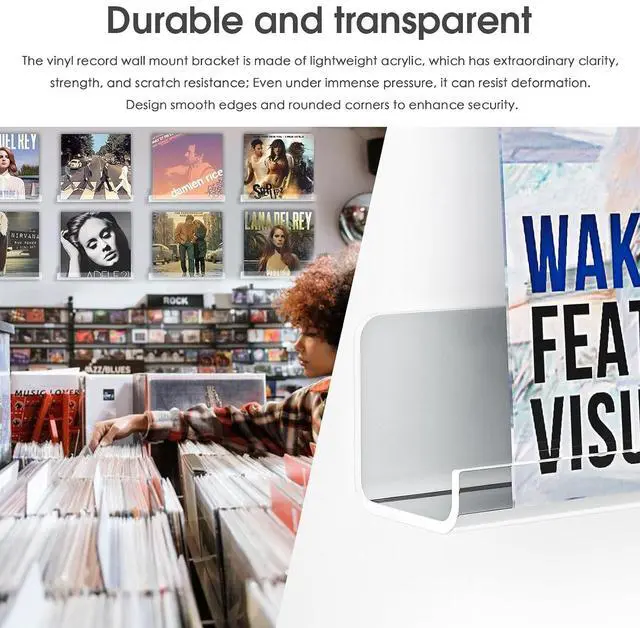 Alt view image 3 of 7 - Acrylic Wall-Mounted Vinyl Record Shelf Sleek Album Display Stand for 12 LPs (R37C)